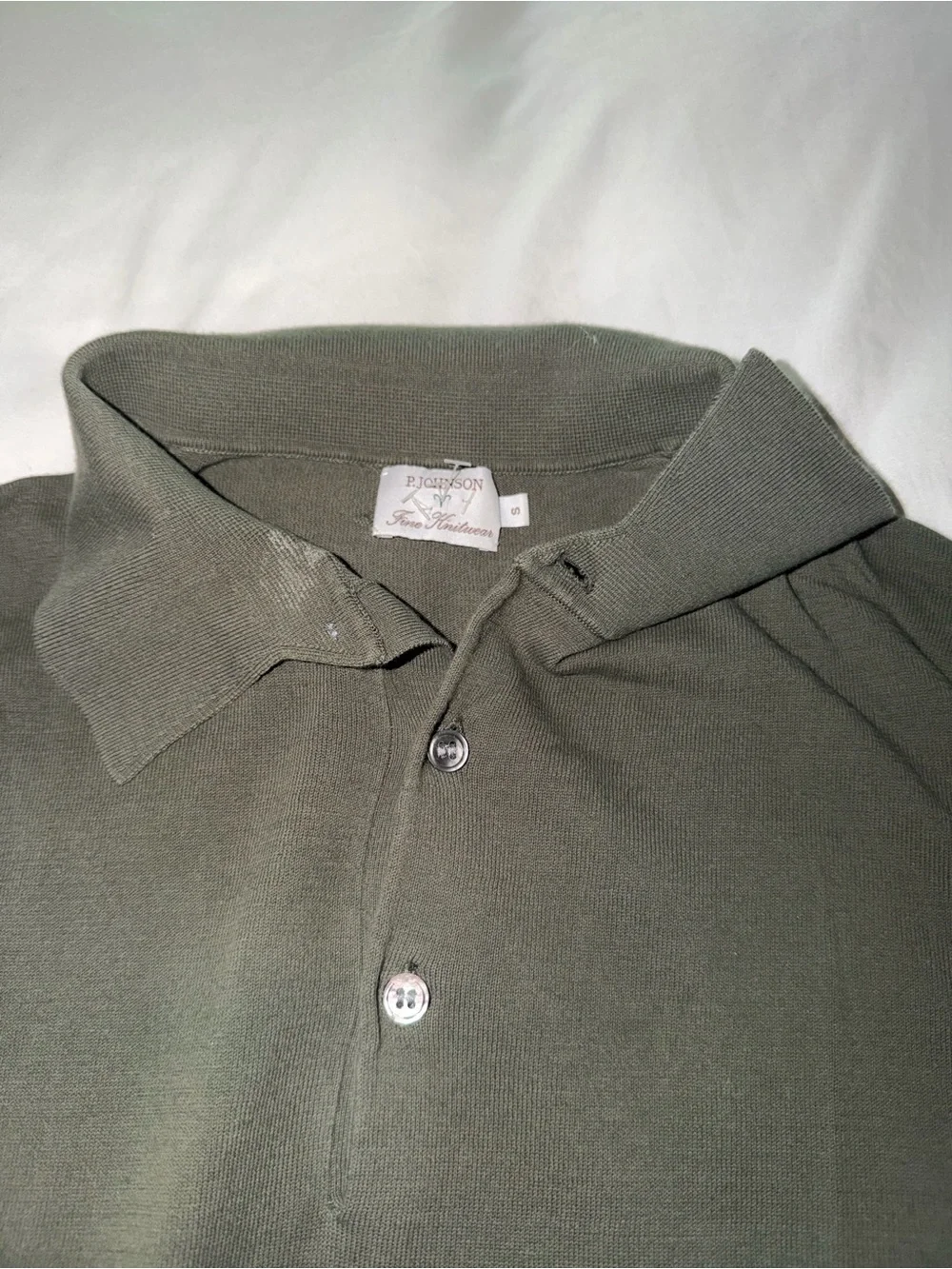 P.J. Johnson Fine Knitwear polo, size Small, in an olive/army green.